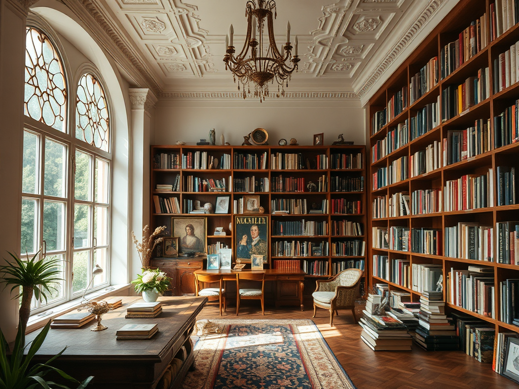 Уютная библиотека с книжными стеллажами, столом и старинным освещением. Светлое, спокойное пространство.