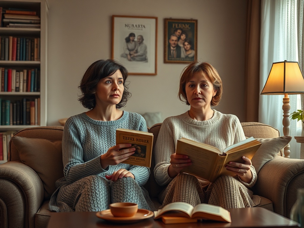 На диване сидят две женщины с книгами, вокруг уютная обстановка и библиотека на заднем плане.
