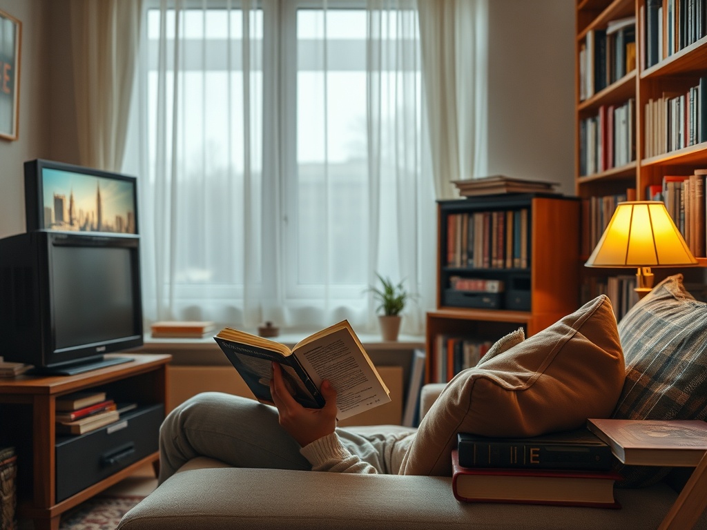 Уютная комната с читателем на диване, читающим книгу при мягком свете лампы и телевизоре на фоне.