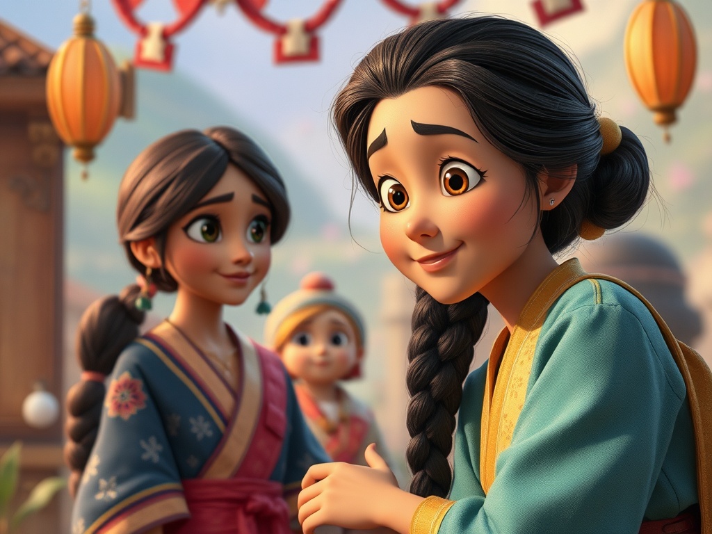 На картине изображены две девушки в традиционных костюмах, а также маленький ребенок, улыбающийся им.