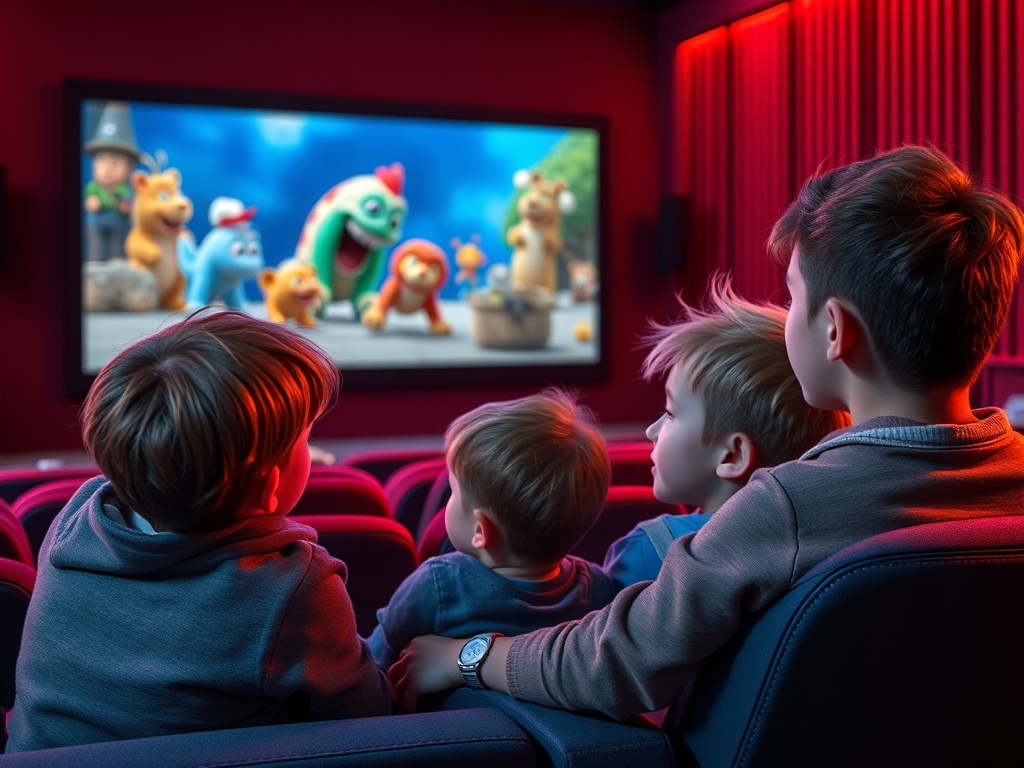 Дети смотрят анимационный фильм в кинотеатре, погружённые в волшебный мир персонажей.