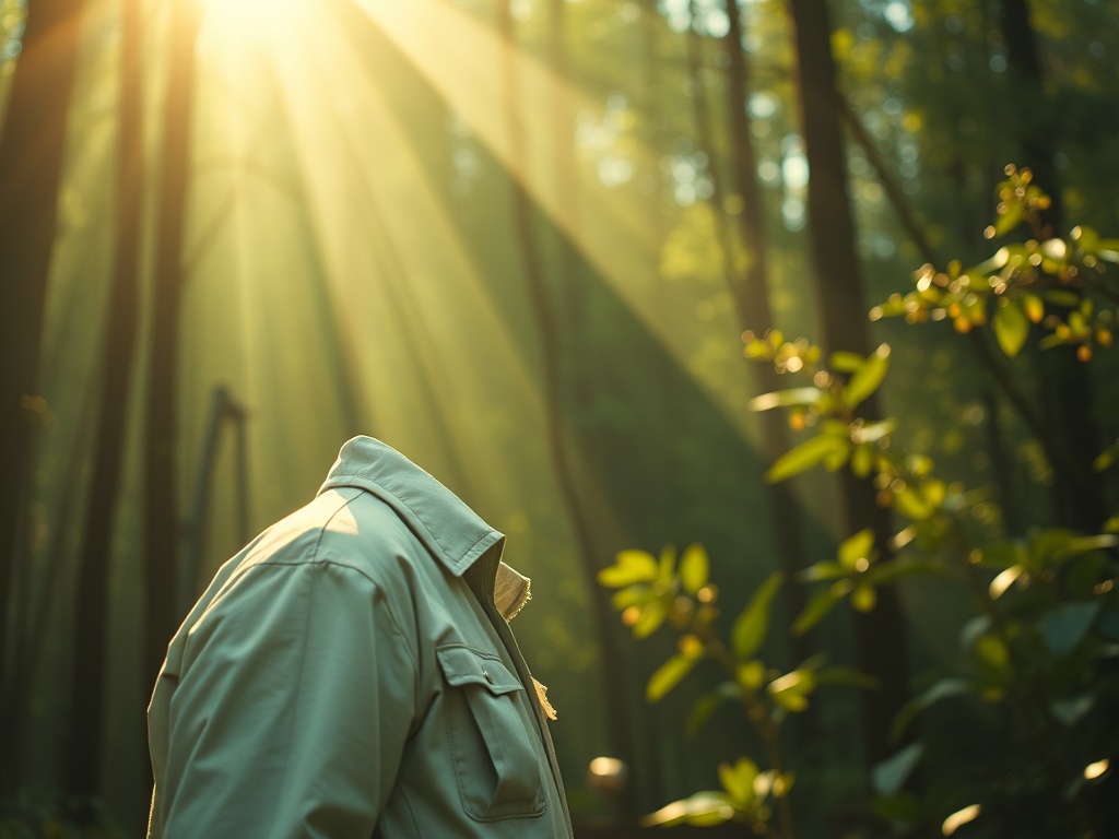 Свет солнца пробивается сквозь деревья, силуэт человека в светлом плаще, без головы, в лесной атмосфере.