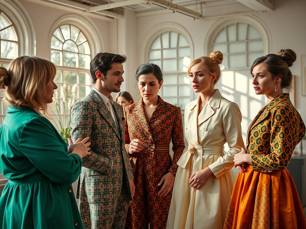 На изображении группа людей в стильной одежде обсуждает что-то в светлом интерьере.