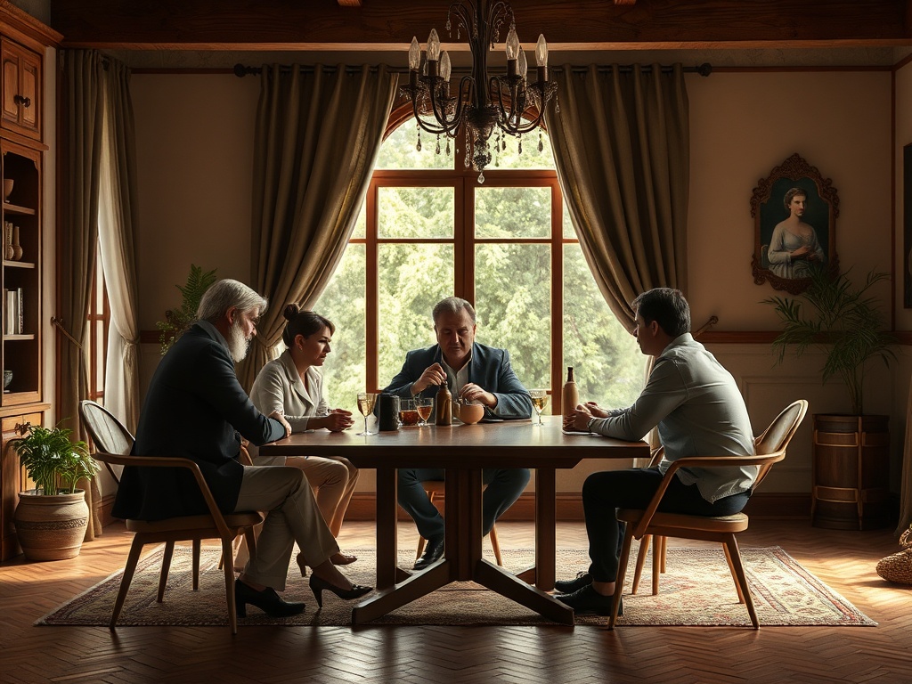 Четыре человека сидят за столом в уютной комнате, обсуждая что-то важное у окна с видом на природу.