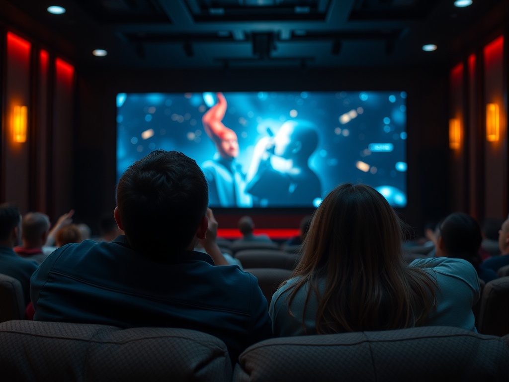 Два человека сидят в кинотеатре, смотрят фильм на большом экране с яркими спецэффектами.