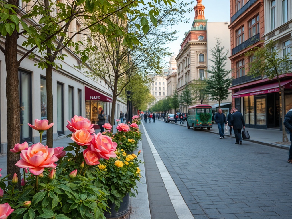 Улица, украшенная розовыми цветами, с прохожими и зелеными деревьями вдоль тротуара.