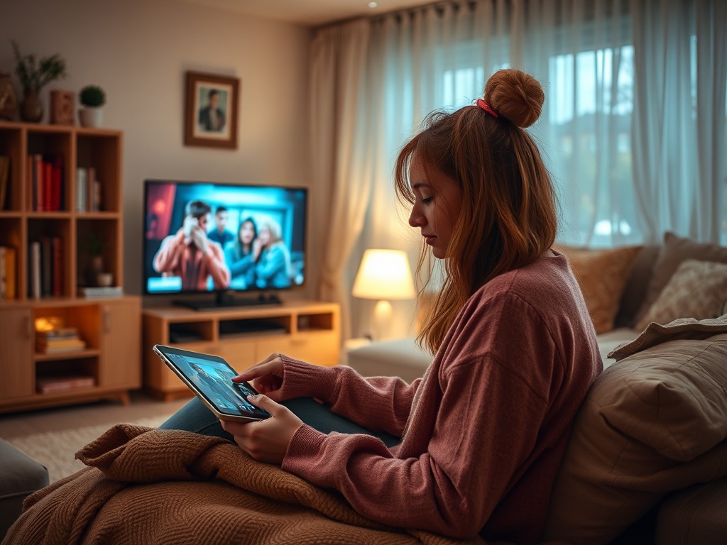Молодая женщина в свитере сидит на диване и смотрит видео на планшете, рядом телевизор с передачей.
