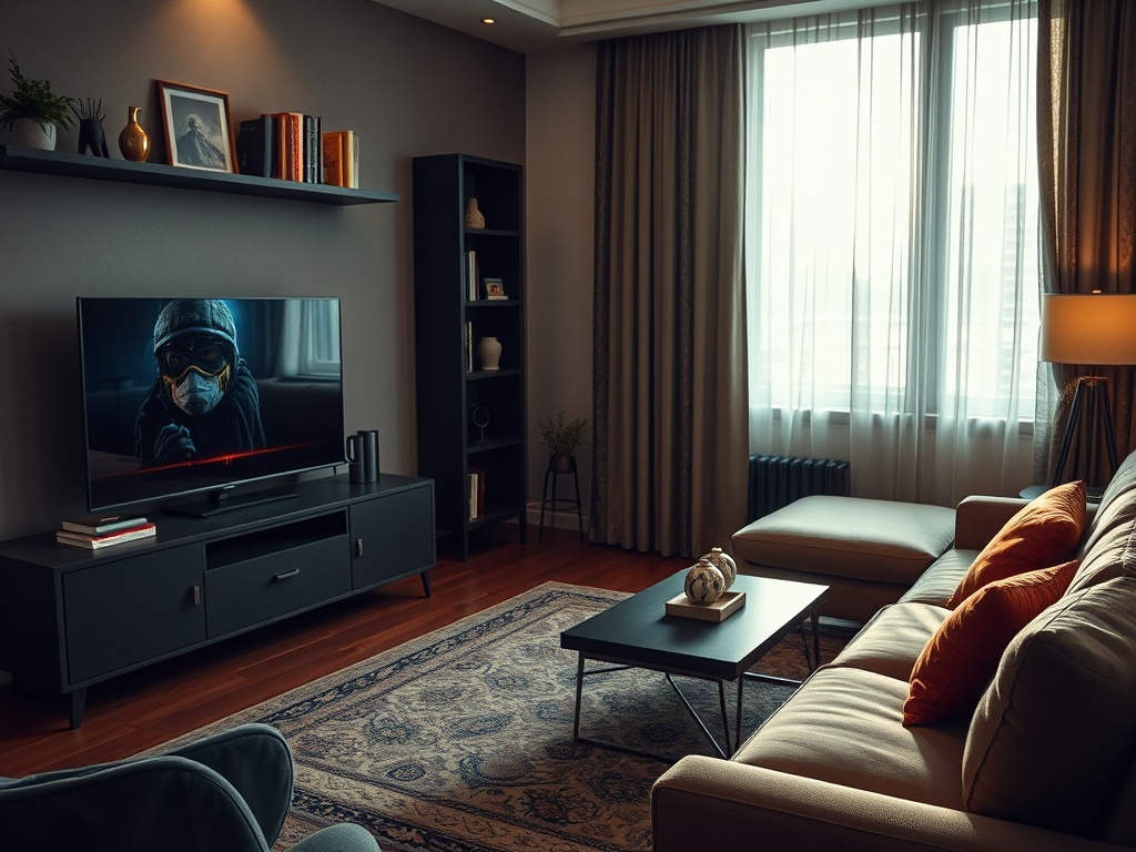 Современная гостиная с телевизором, на котором показан персонаж в маске и очках, уютная мебель и светлые шторы.