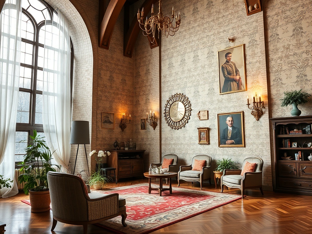 Элегантная гостиная с картинами, старинной мебелью и большими окнами, пропускающими свет.