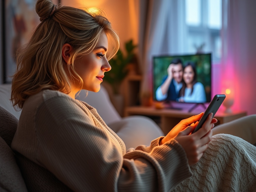 Молодая женщина сидит на диване, смотря на телефон, с телевизором на заднем фоне. Теплая атмосфера.