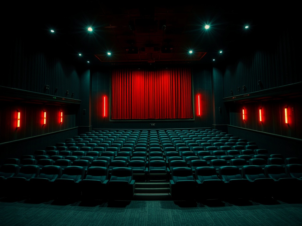 Зал кинотеатра с пустыми креслами и красной занавеской на экране, приглушенное освещение.