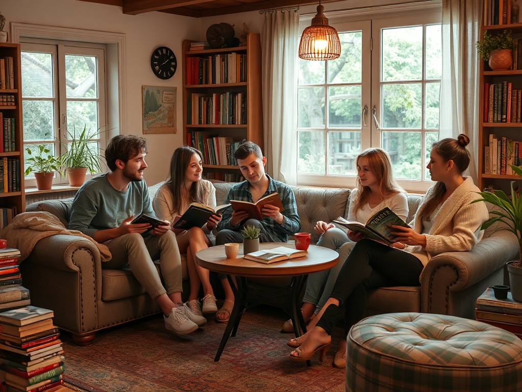 Четыре человека и девушка читают книги в уютной комнате с окнами и книжными полками.