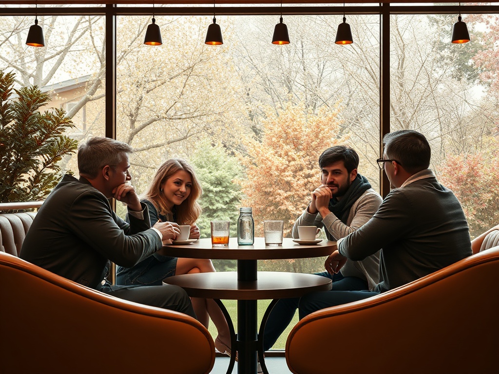 Четыре человека сидят за столом в кафе, обсуждая что-то важное и наслаждаясь напитками.