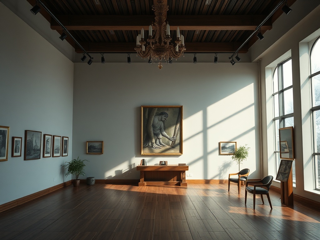 Современная художественная галерея с картиной на стене и деревянным полом, залитая солнечным светом.