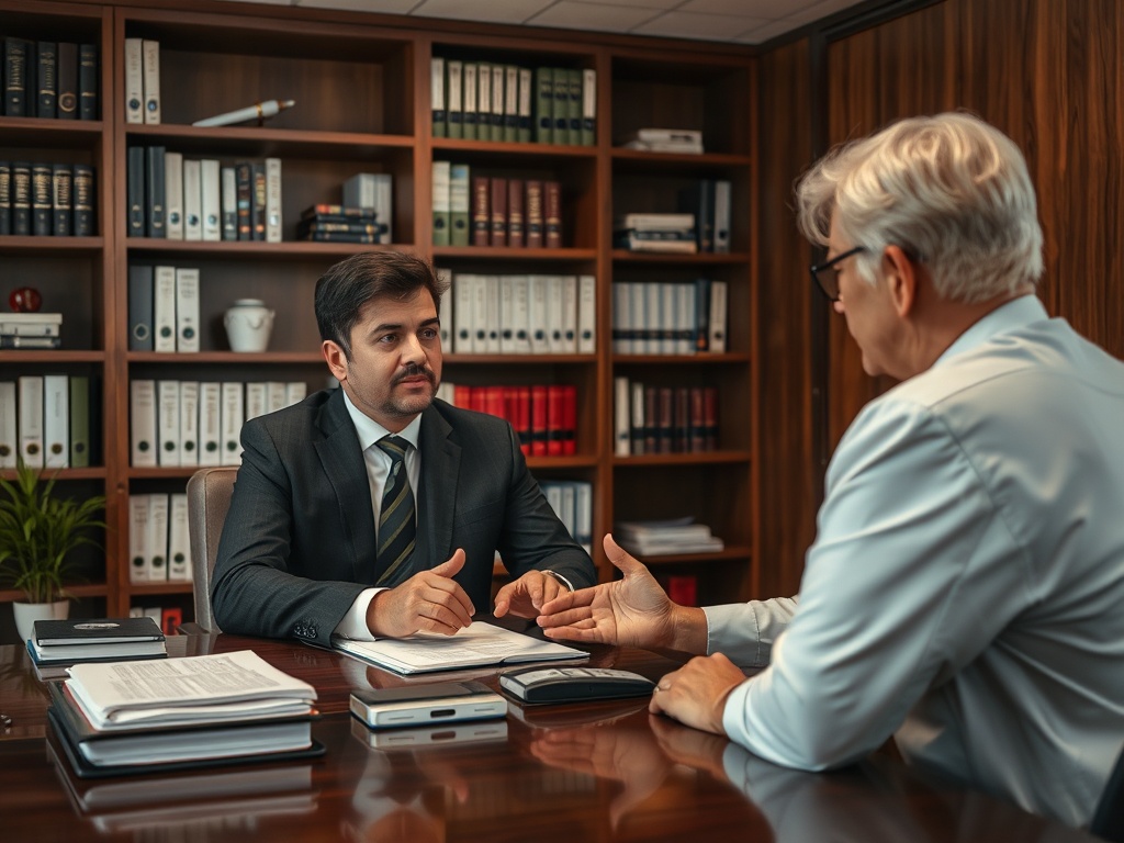 Два человека в деловой обстановке обсуждают документы, сидя за столом в офисе. На заднем плане полки с папками.