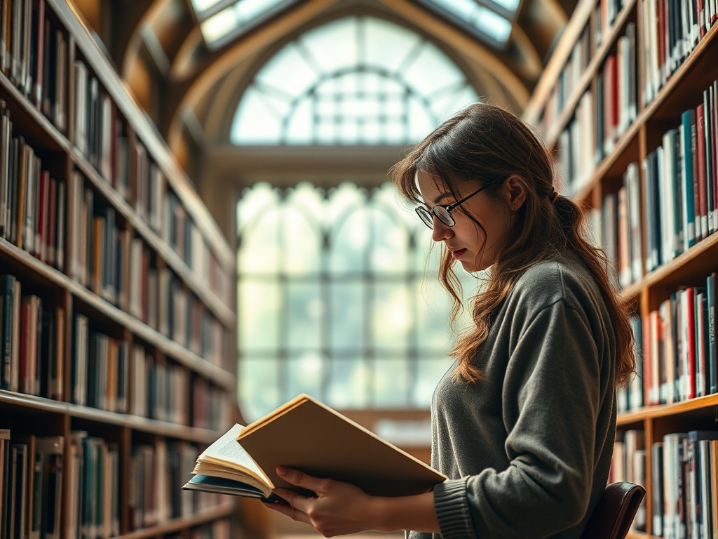Девушка в свитере читает книгу в библиотеке среди полок с книгами. Свет проникает через окно.