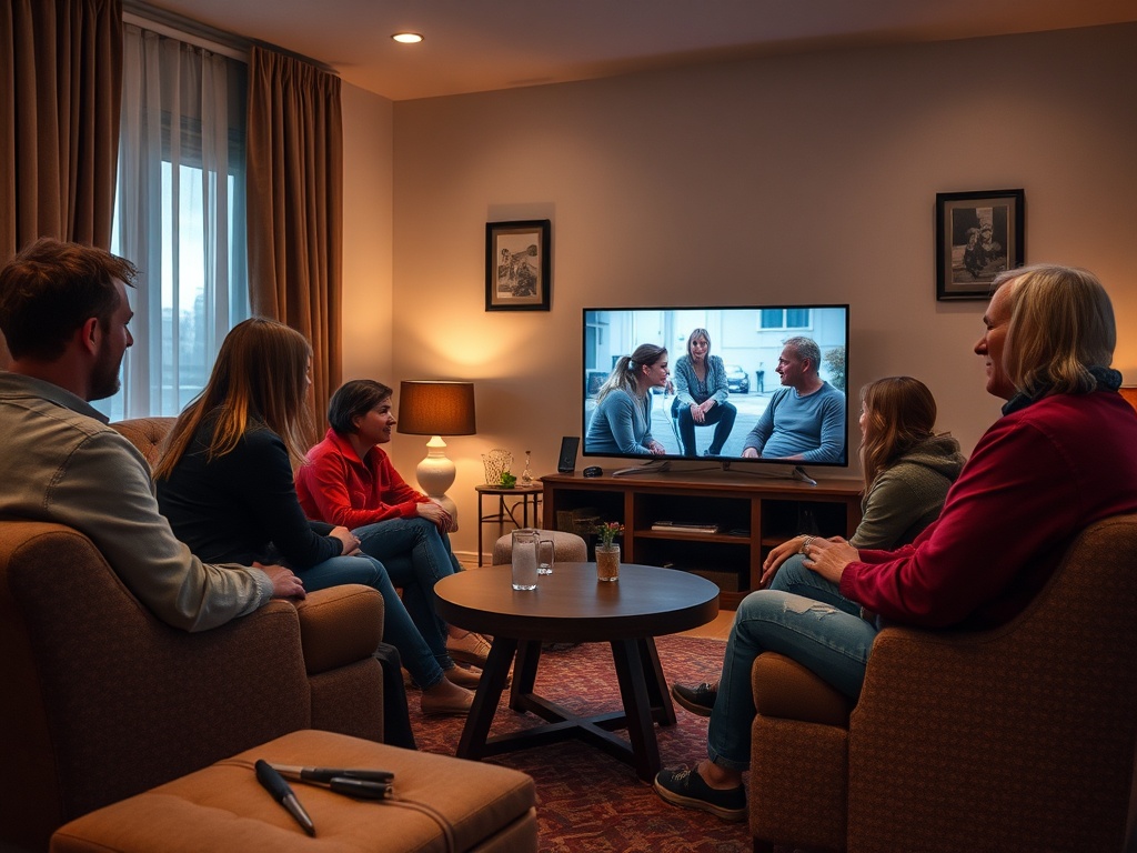 Группа людей смотрит телевизор в уютной комнате, обсуждая показанный на экране сюжет.