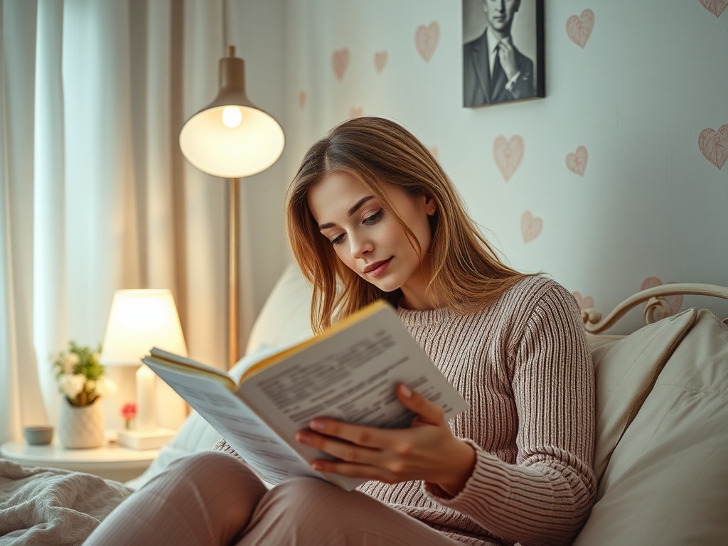 Женщина сидит на кровати и читает книгу, уютно освещённая лампой в комнате с мягким декором.