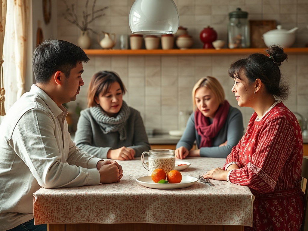 Группа людей обсуждает что-то за столом на кухне, вокруг лежат фрукты и еда в банке.