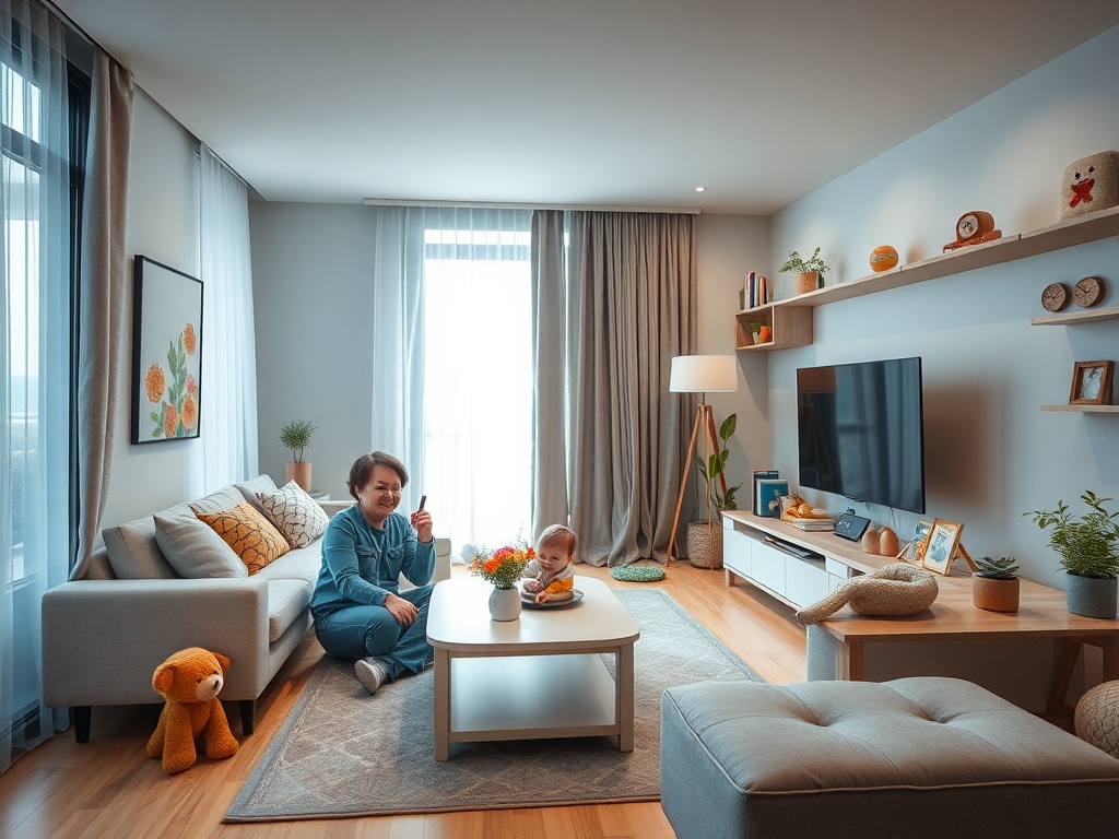 Дедушка с внуком в уютной гостиной, играют на ковре рядом с диваном и столиком. Яркие краски и комфортная обстановка.