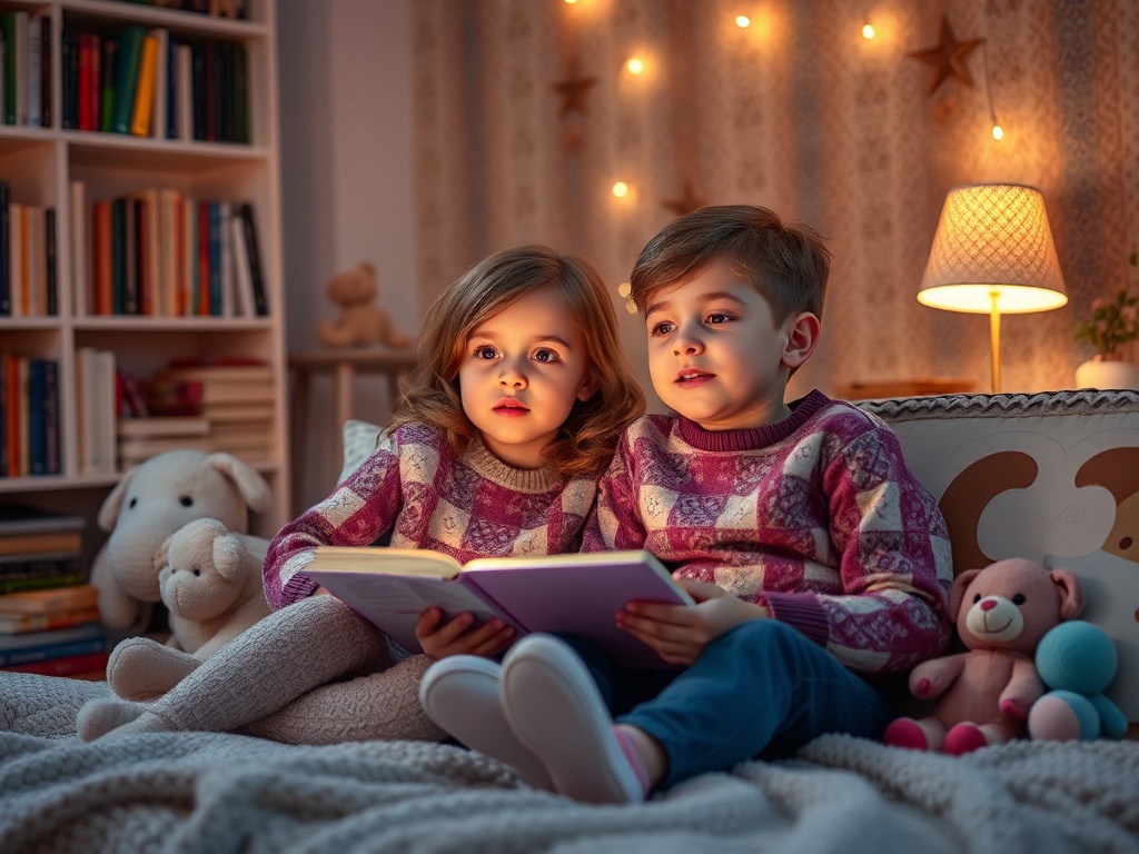 Дети читают книгу в уютной комнате, окруженные мягкими игрушками и теплым светом.