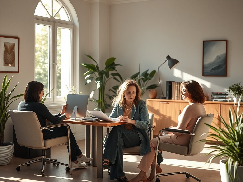 Три женщины делятся идеями в светлом офисе с большими окнами и зелеными растениями вокруг.