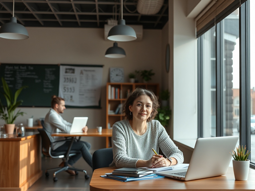 В офисе сидит молодая женщина с блокнотом и ноутбуком, на фоне работает коллега. Светлое и уютное пространство.