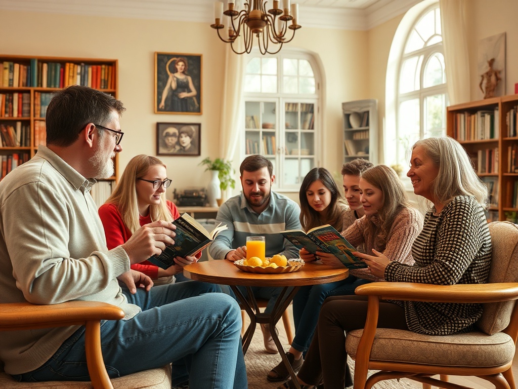 Группа людей читает книги и общается за столом в уютной комнате с книгами на полках.