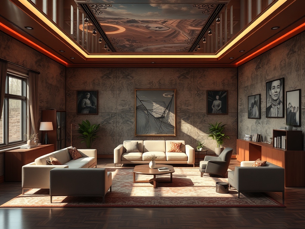 Современный интерьер гостиной с мягкой мебелью, картинами на стенах и ярким освещением.