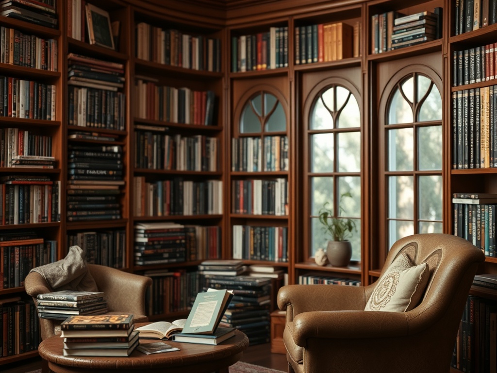 Уютная библиотека с книжными полками, креслом и столом, на котором лежат книги и открытая тетрадь.