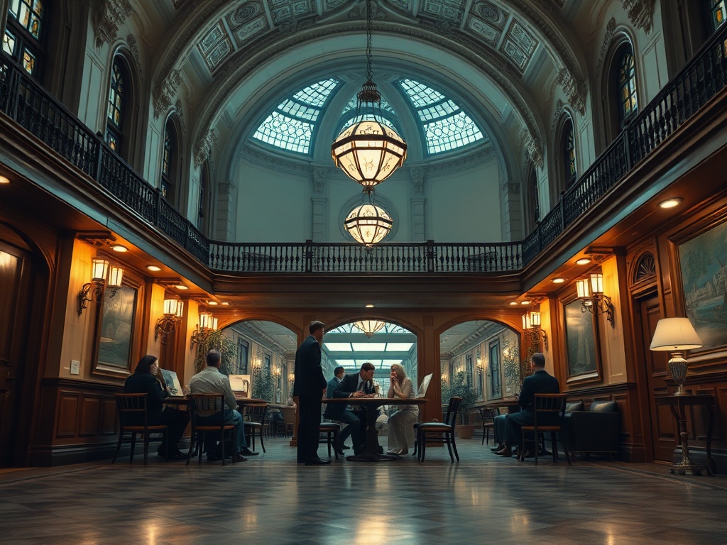 В роскошном помещении проходят встречи с участниками за столами, украшенными картинами и ветвями растений.