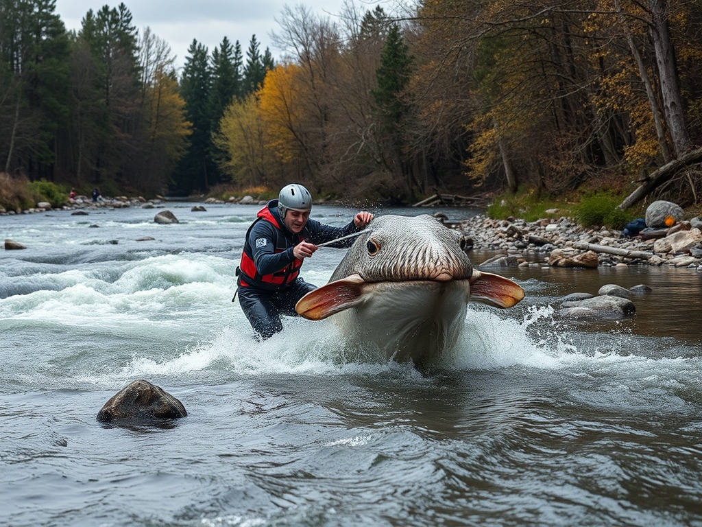 Мужчина на речном катере в виде большой рыбы, плывущий по воде среди осенних деревьев.