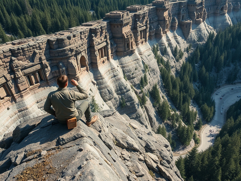 Человек сидит на краю скалы, наслаждаясь видом на потрясающий каньон и лесистую местность.