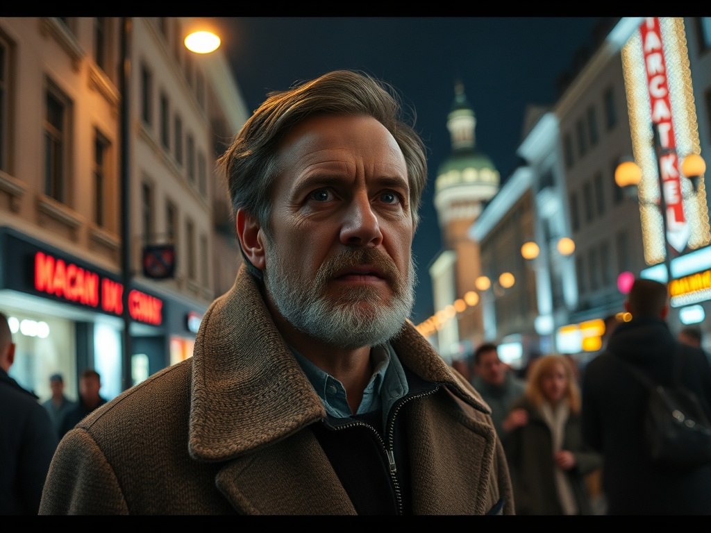 На улице ночью человек с бородой выглядит встревоженным на фоне ярких огней и прохожих.