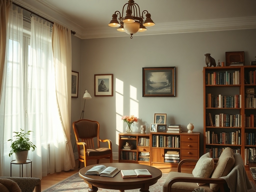 Уютная комната с книгами, диваном, креслом и природным светом из окна. Интерьер в теплых тонах.