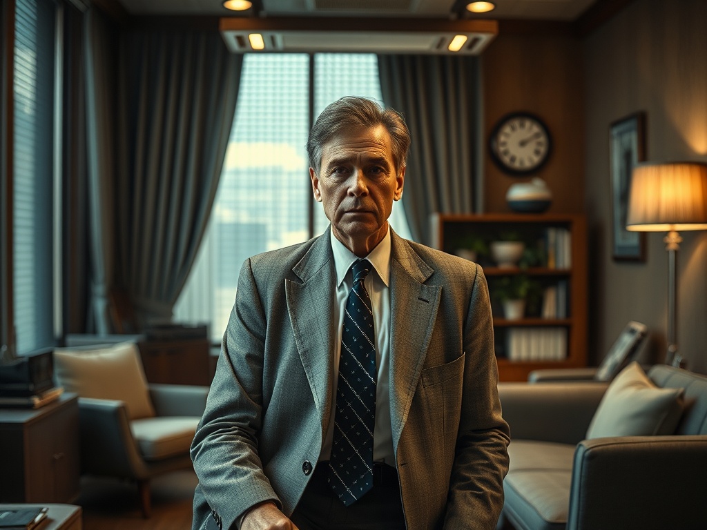 На изображении мужчина в деловом костюме сидит в офисе с окнами и книжными полками на заднем плане.