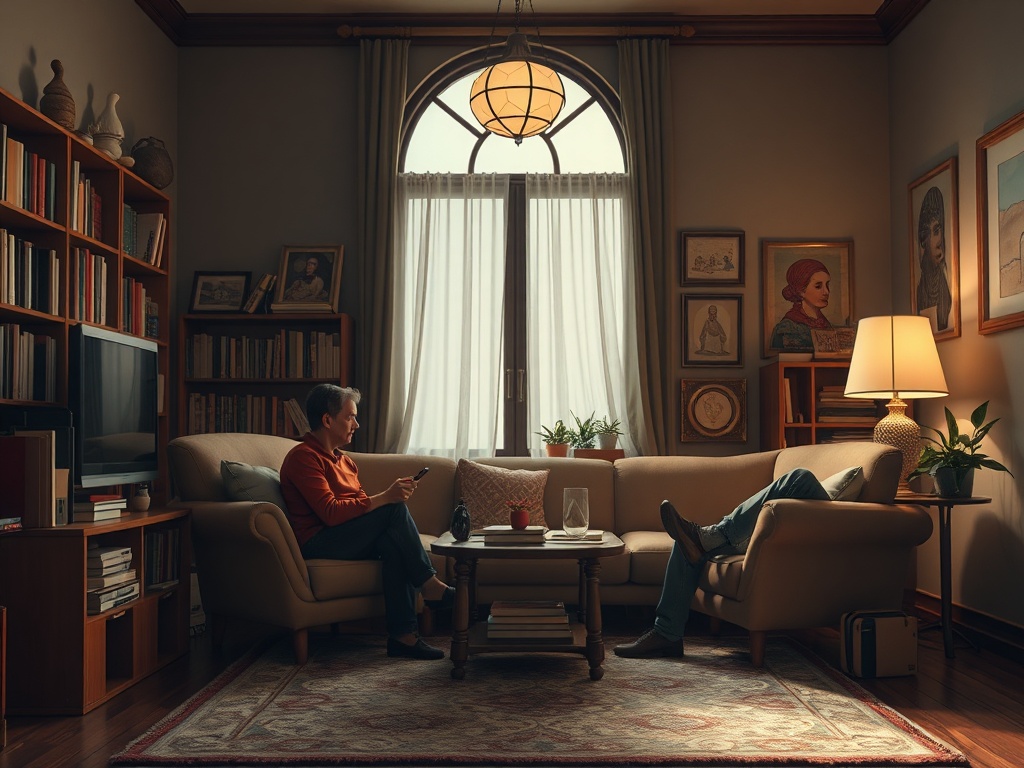 Двое людей сидят в уютной гостиной, один читает, а другой смотрит в телефон при мягком свете лампы.