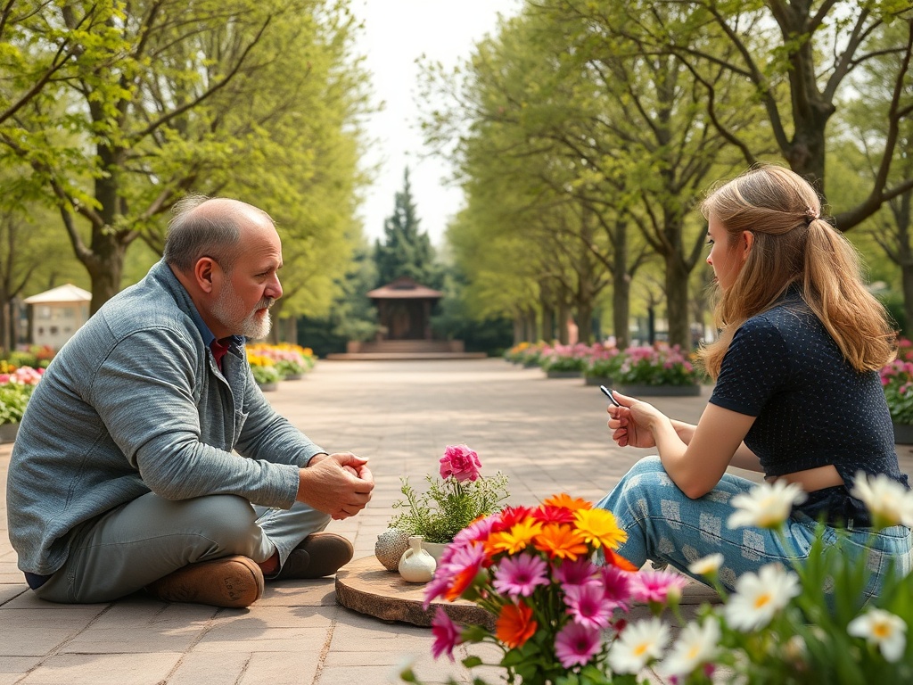 Два человека сидят на тротуаре в парке, окружённые цветами, обсуждая что-то важное.