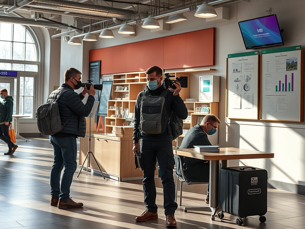 На изображении группа людей в масках, один с камерой, в современном интерьере. Время — светлое, днем.