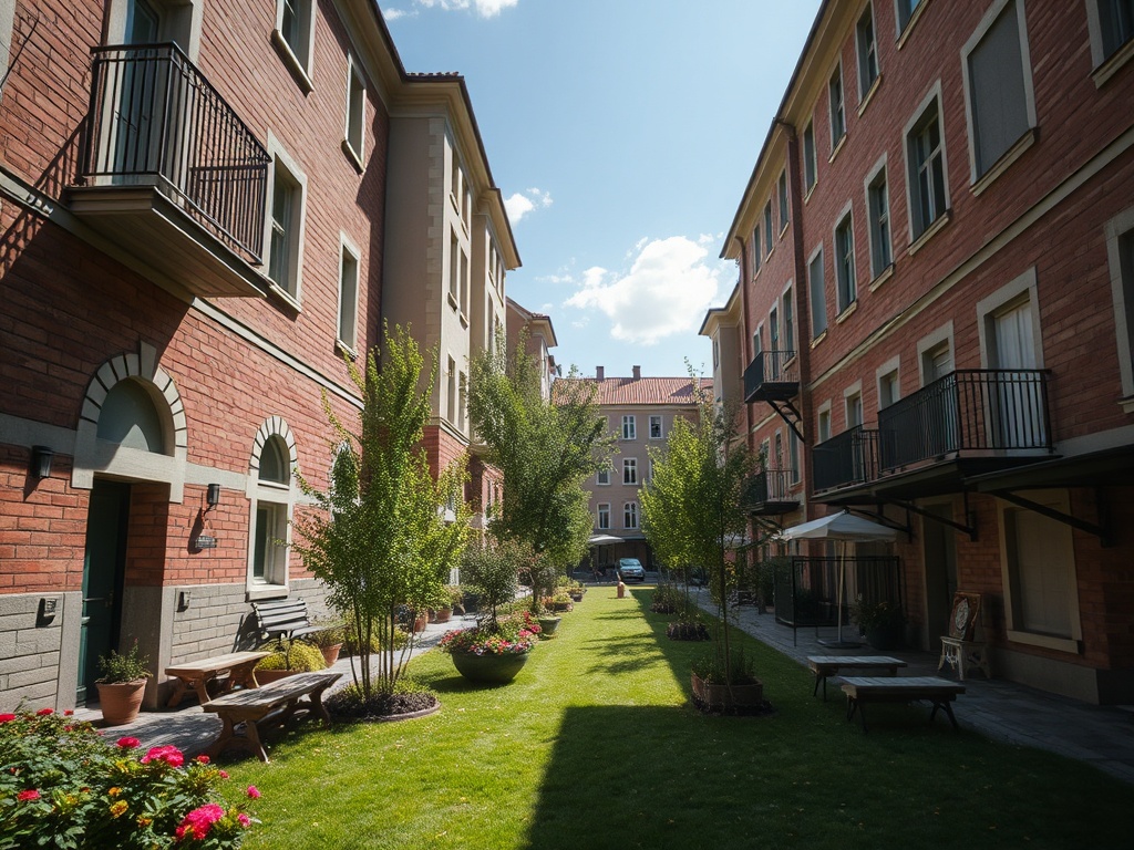 Уютный внутренний двор с зелёным газоном и цветами между кирпичными зданиями в солнечный день.