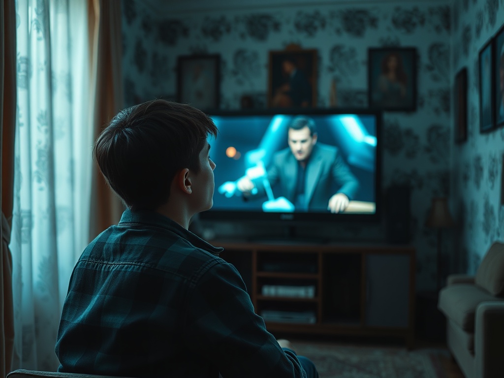 Мальчик смотрит телевизор, на котором идет разговорное шоу, в уютной комнате с фотографиями на стенах.