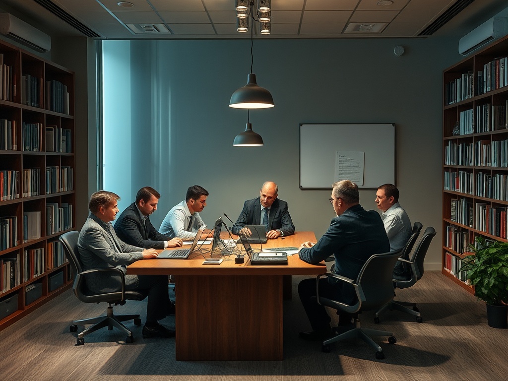Группа мужчин в официальной одежде обсуждает вопросы за столом в библиотеке. Тихая, деловая атмосфера.