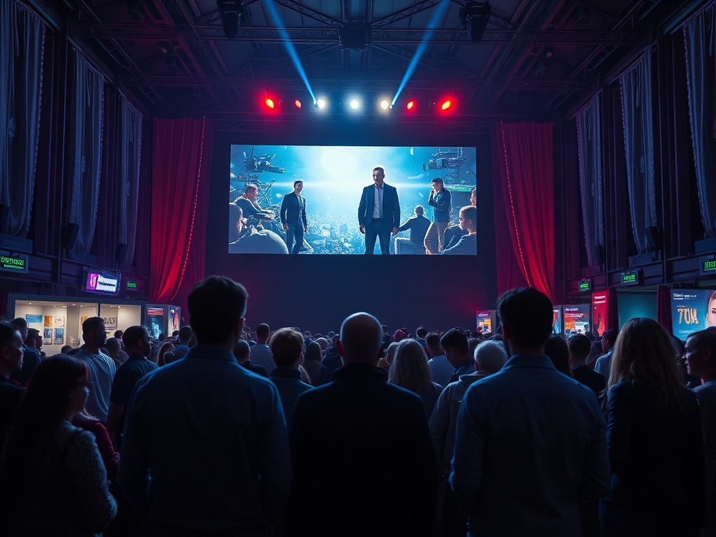 На мероприятии много людей, смотрящих на большой экран с изображением сцены из фильма.