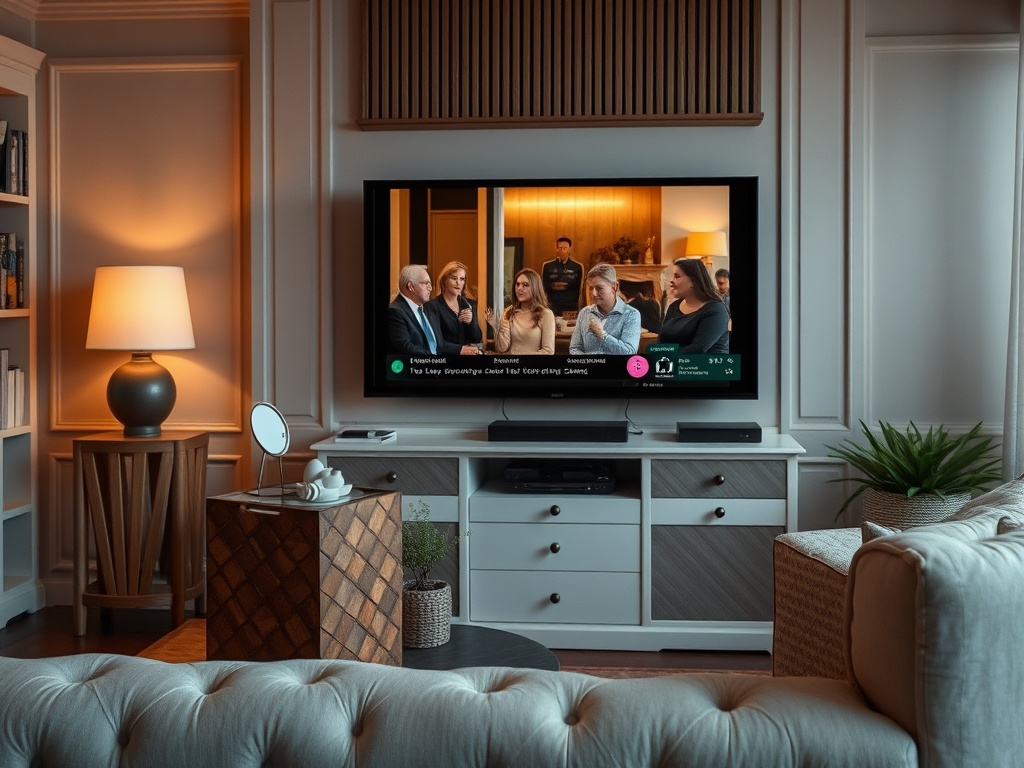 Гостиная с телевизором, на котором показывают сцену с несколькими людьми, уютная атмосфера и мягкая мебель.