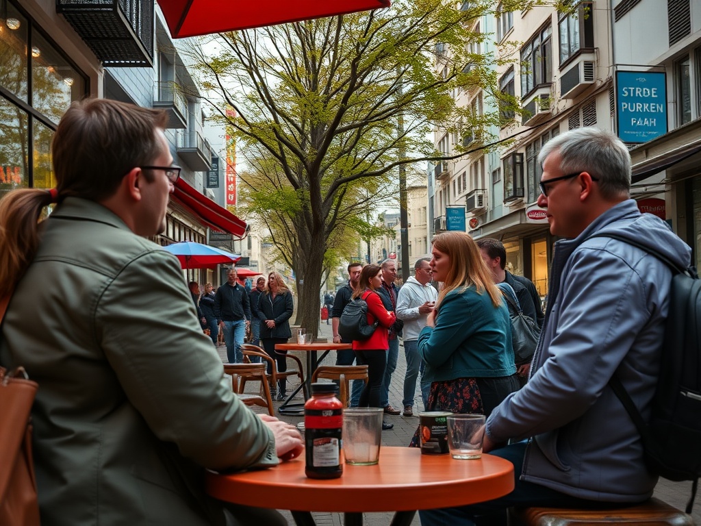 На улице люди общаются и отдыхают в кафе под зонтиками. Зеленое дерево на фоне зданий.