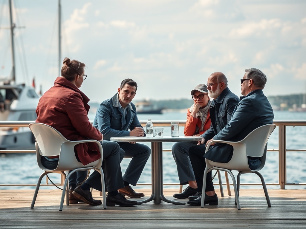 Группа людей обсуждает что-то за столом на берегу рядом с водой. Ясная погода и яхты на фоне.