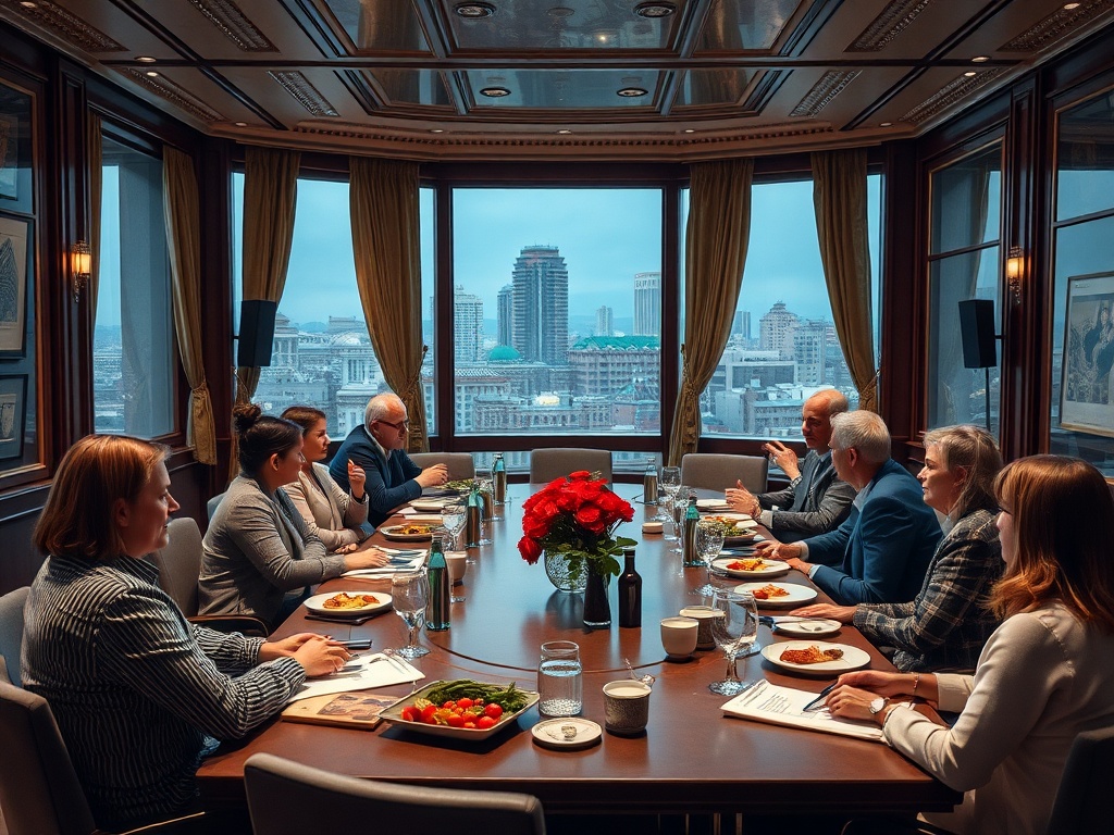 Совещание в роскошном зале с обедом, виды на город через окна, вокруг стола несколько участников.