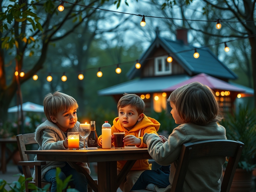 Трое детей сидят за столом на улице, наслаждаясь беседой и напитками под мягким светом ламп.
