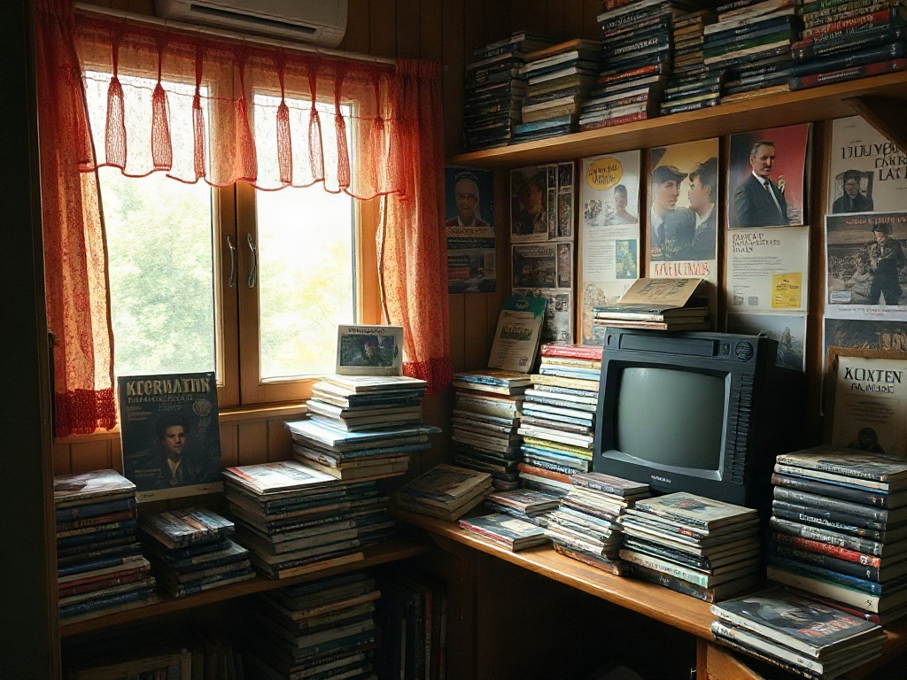 Комната с большим количеством книг и стационарным телевизором, рядом с окном с красной занавеской.